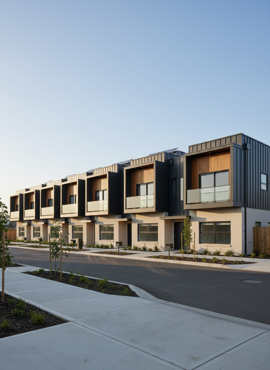A row of multi-unit townhouses in suburban Victoria, all featuring consistent modern cladding and rendering finishes. The lower levels show smooth, sand-colored render, while the upper levels are wrapped in sleek dark charcoal cladding panels and timber-look vertical battens. Each unit has clean balcony lines and neatly aligned window reveals. Photographic realism with a wide, slightly elevated street-side perspective, capturing the entire frontage and a neat concrete footpath in the foreground. Soft early morning light casts gentle shadows that define the geometric forms without harsh contrast. The overall mood is orderly, professional, and aspirational, reflecting large-scale residential and multi-unit expertise, with sharp focus and a clean, contemporary aesthetic suitable for a portfolio or services overview page.