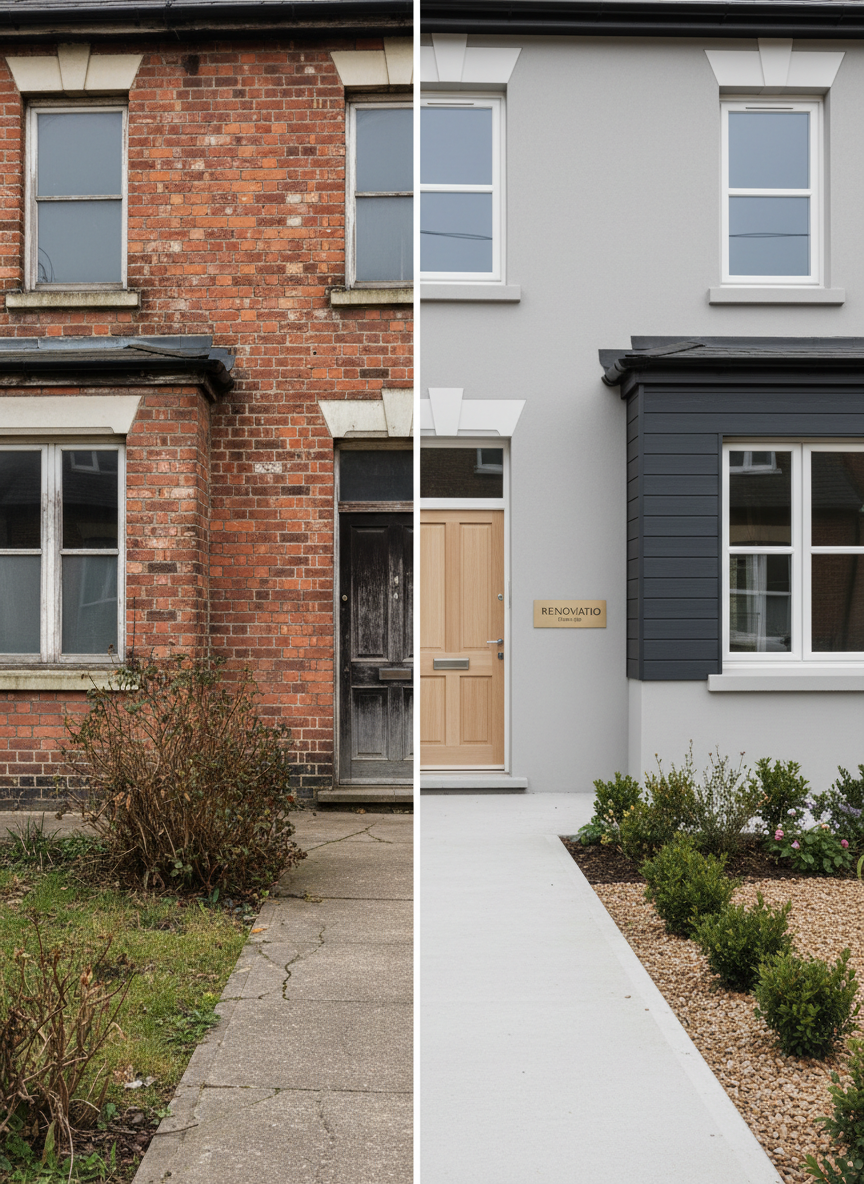 A before-and-after split-image style photographic realism composition of a single Victorian brick home, with the left half showing dated, exposed red brick and weathered surfaces, and the right half transformed with sleek light-grey render and modern composite cladding accents around windows and entry. The house is set on a modest suburban street with a simple front garden and concrete path. Soft, neutral daylight ensures both sides are evenly lit, with gentle shadows to reveal surface texture. The central vertical divide is clean and crisp, clearly separating old from new. Shot at eye level, straight-on, with balanced framing and sharp focus. The mood is transformative, professional, and confidence-inspiring, ideal to communicate renovation and re-cladding capabilities to residential clients.