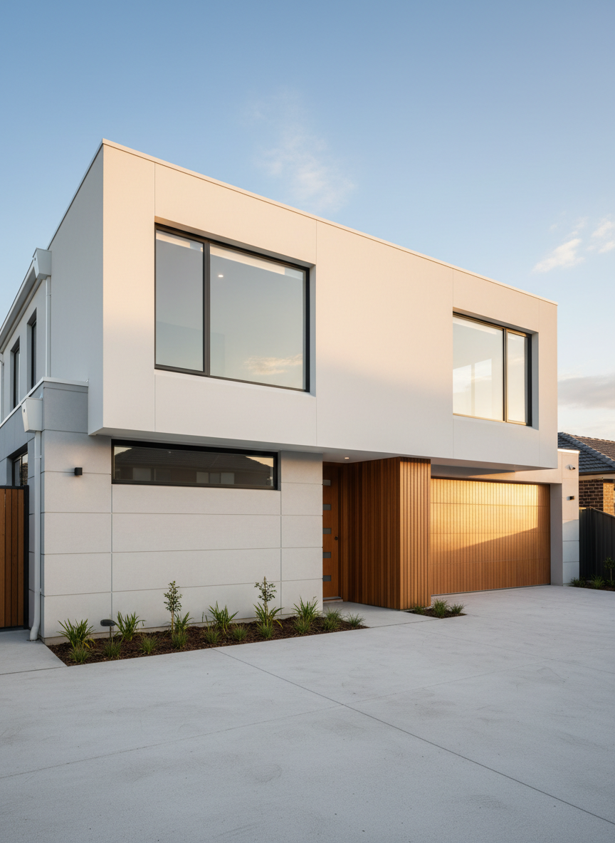 A newly rendered contemporary double-storey home facade in Victoria, featuring smooth off-white acrylic render with crisp, sharp edges and perfectly aligned window reveals. The cladding combines light grey cement panels and warm timber-look battens for contrast. The house sits on a clean, paved driveway with neatly trimmed planting beds along the base of the walls. Soft late-afternoon natural light washes across the surfaces, gently emphasizing the subtle texture of the render and the grain of the cladding. Photographic realism, captured at eye level with a wide-angle lens, sharp focus from foreground to background, and a clean, modern aesthetic that feels professional, reliable, and aspirational, ideal for a rendering and cladding service homepage hero image.
